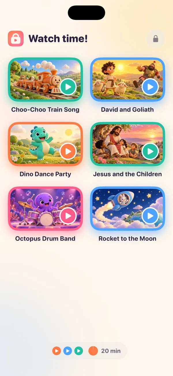 Kid mode: six cartoons picked by a parent, with a 20 minute session running
