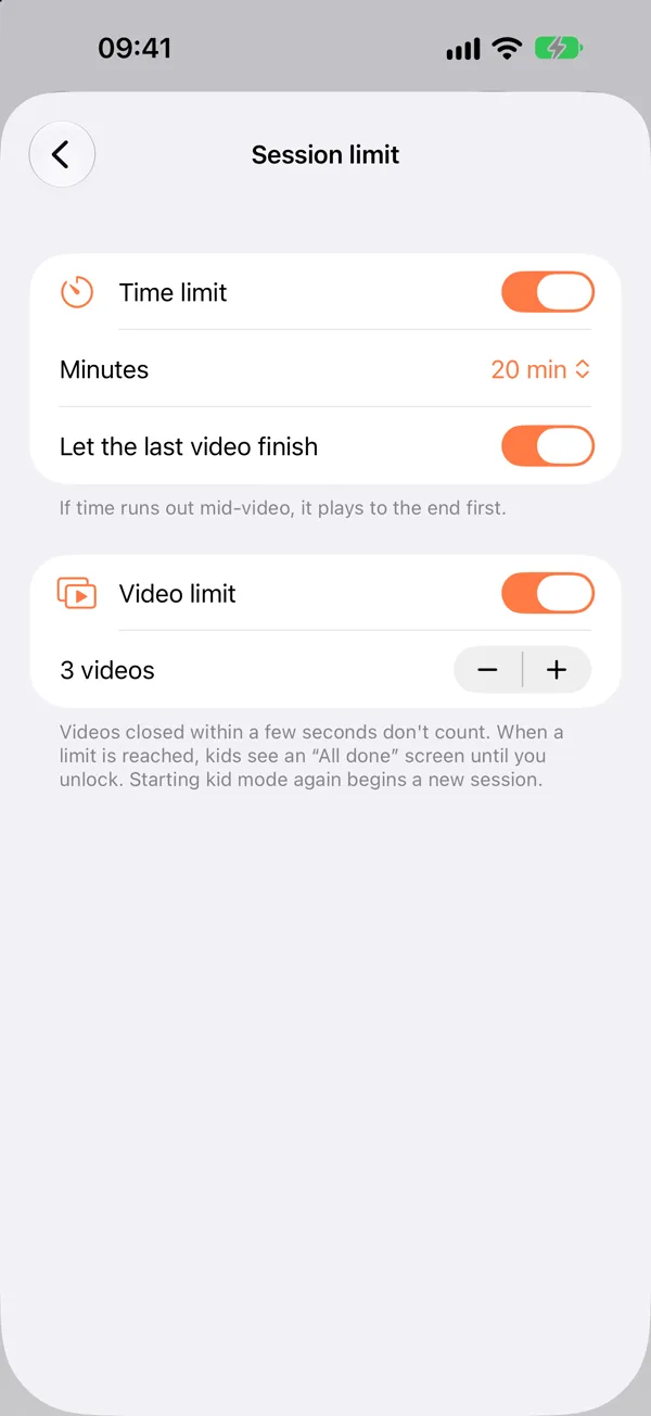 Session limit settings: 20 minutes or 3 videos