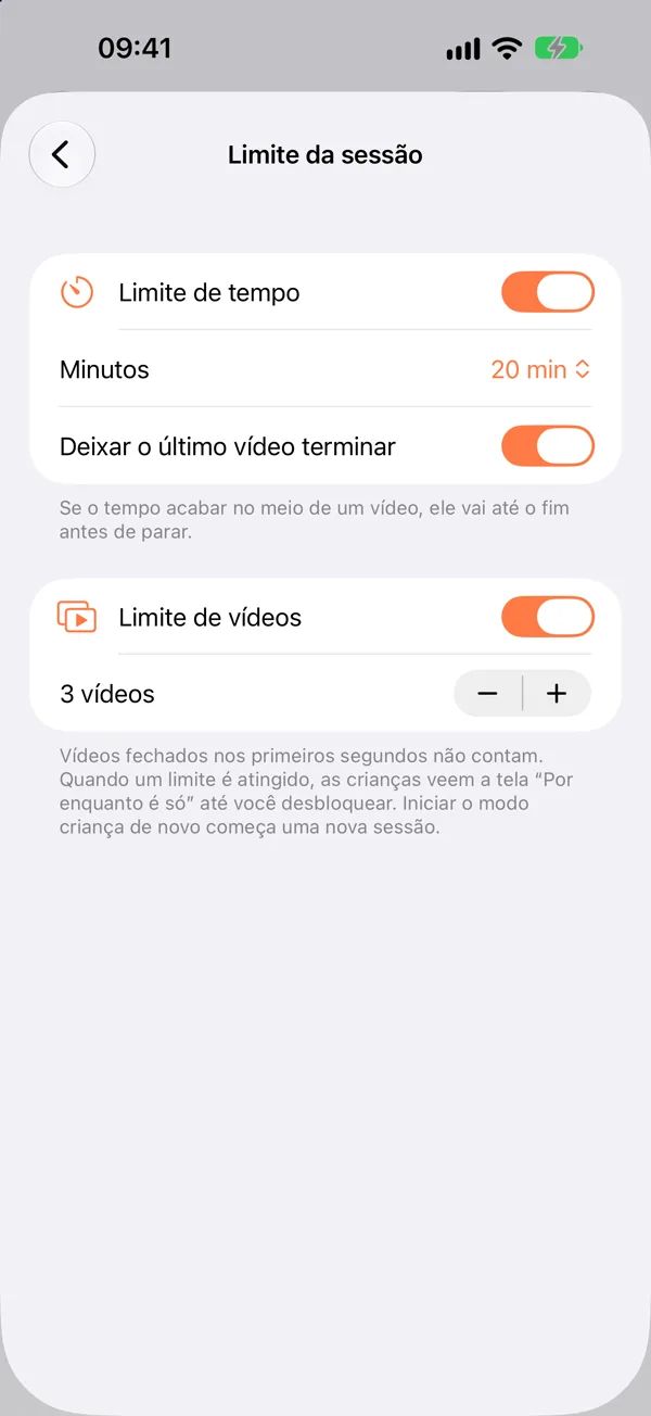 Ajustes do limite da sessão: 20 minutos ou 3 vídeos